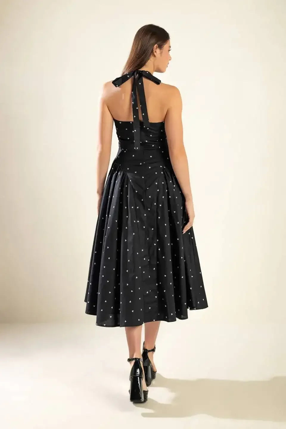 HEART PRINT HALTER DRESS - BLACK