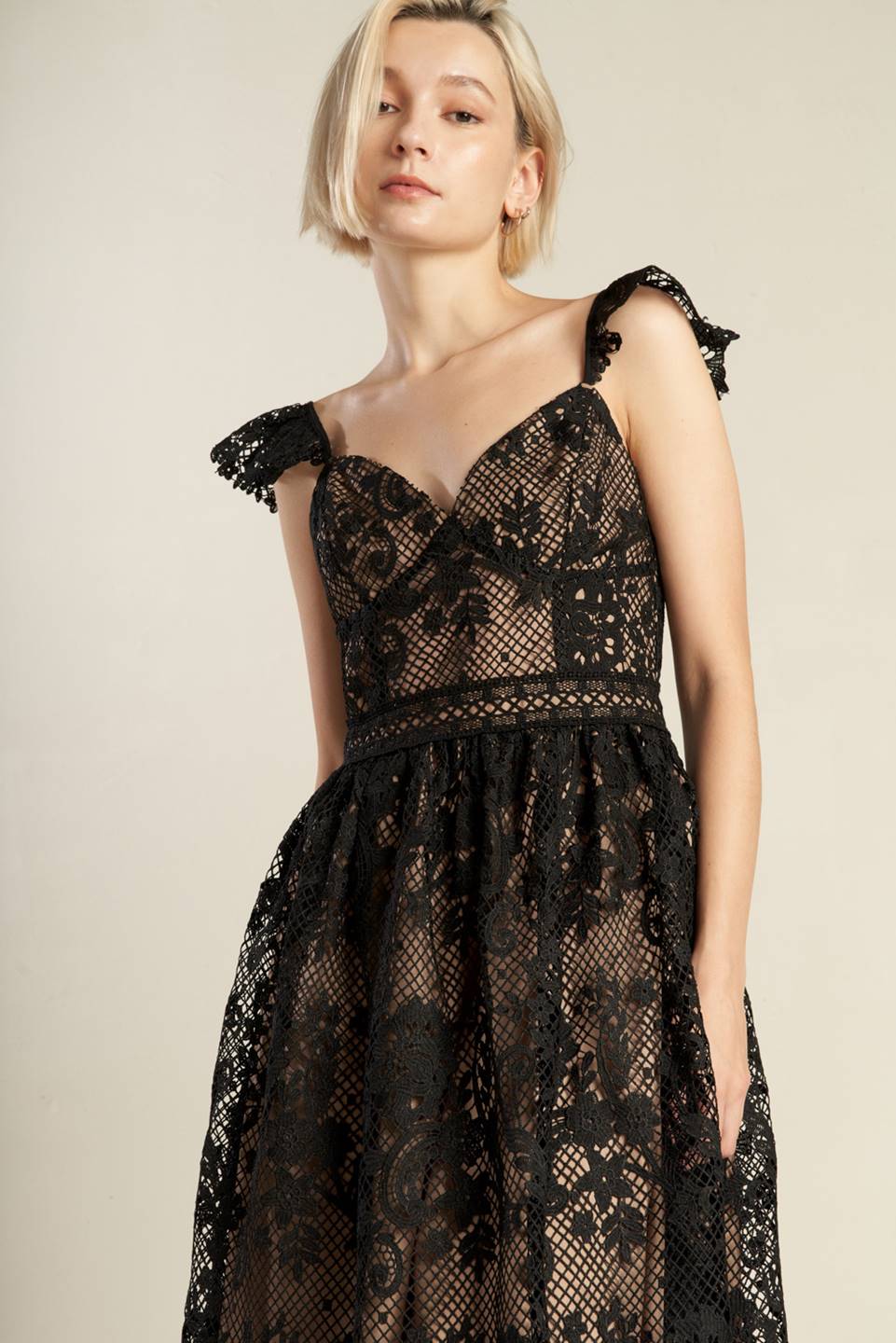 midi black lace dresses for women Stardust - Black Lace Cutout Mock Neck Midi Dress