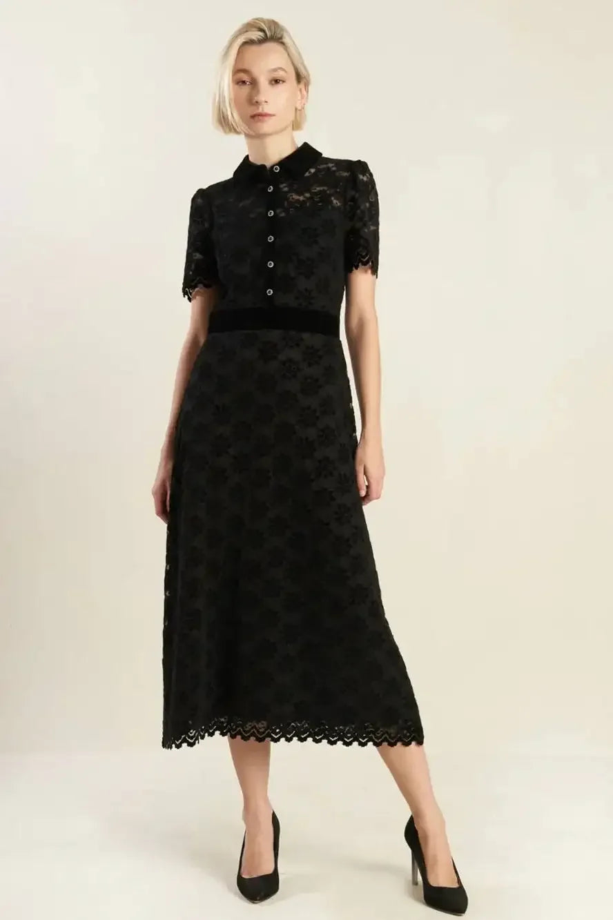 BOLD SYMPHONY WOVEN LACE MIDI DRESS