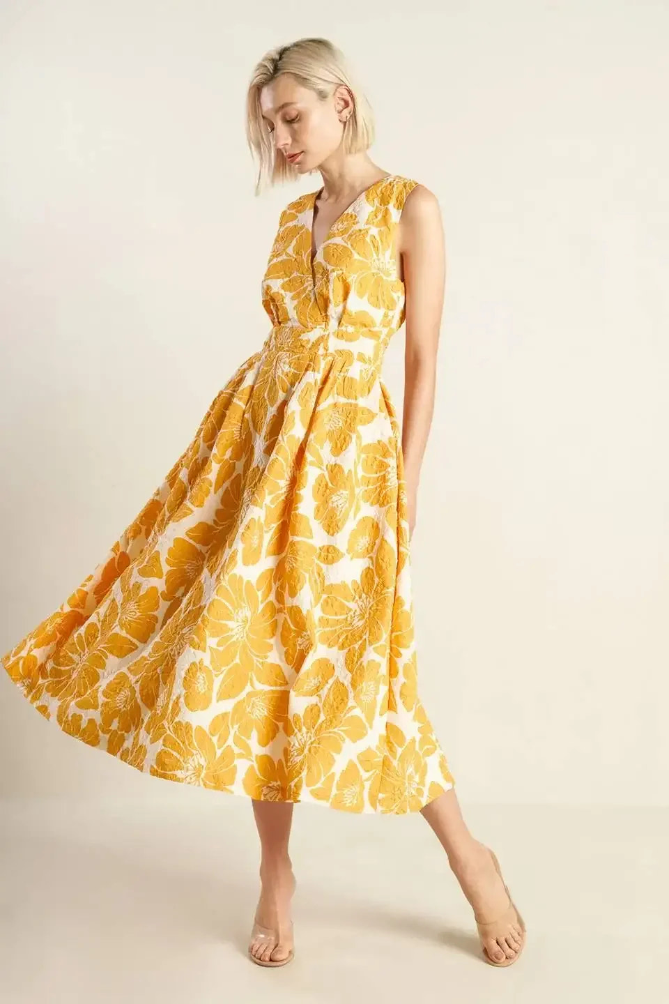BOLD BLOOMS - MUSTARD YELLOW MIDI DRESS