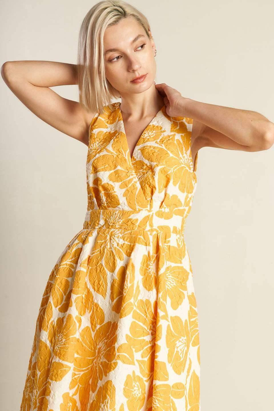 BOLD BLOOMS - MUSTARD YELLOW MIDI DRESS