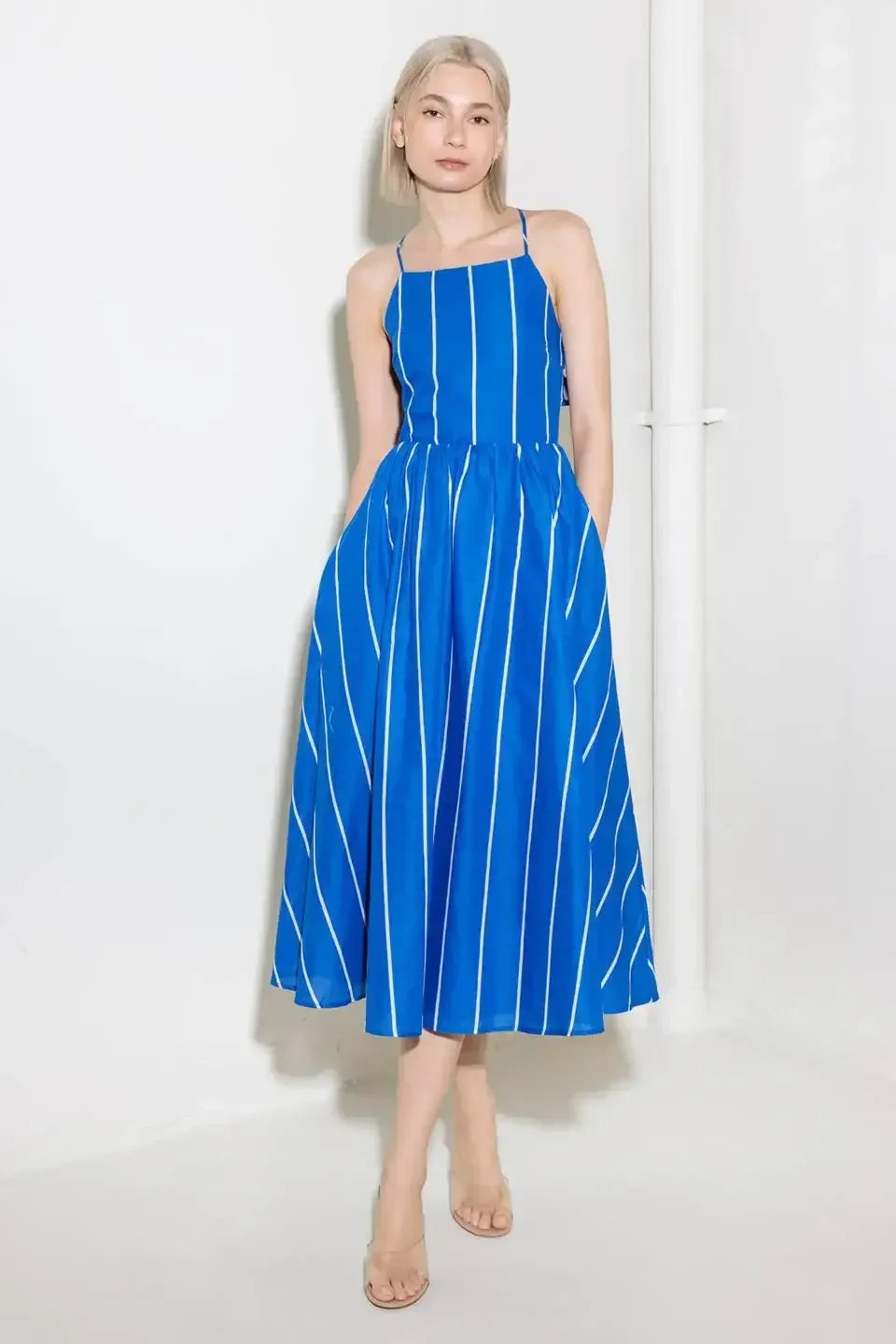 LET THE GOOD IN - BLUE STRIPE - TIE BACK MIDI DRESS