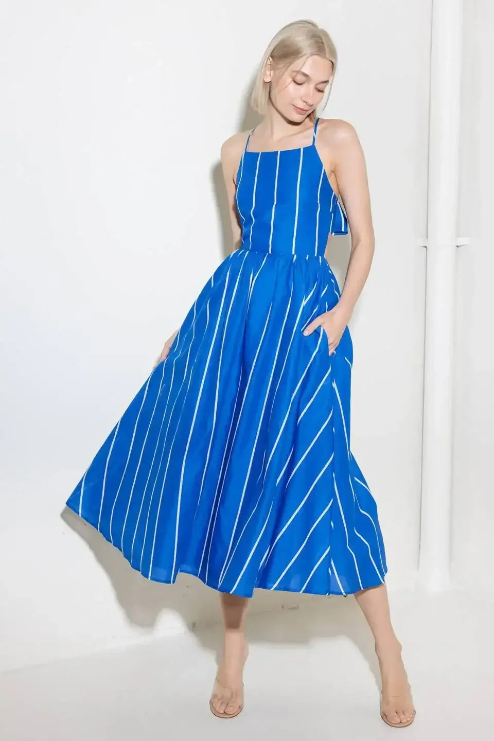 LET THE GOOD IN - BLUE STRIPE - TIE BACK MIDI DRESS