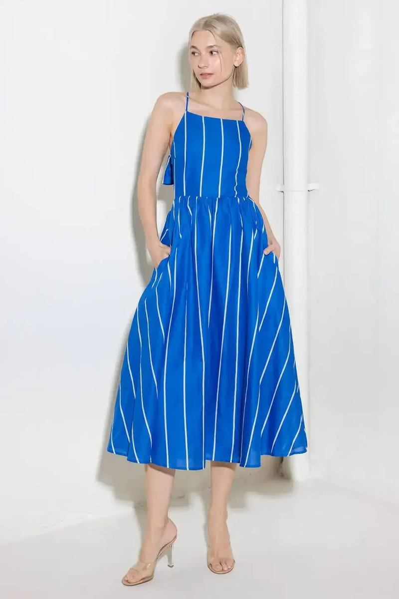 LET THE GOOD IN - BLUE STRIPE - TIE BACK MIDI DRESS