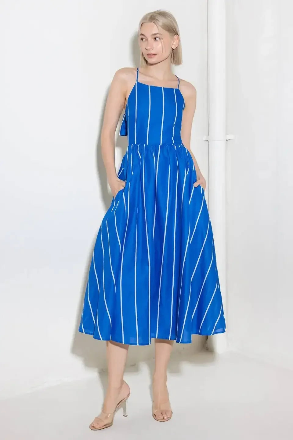 LET THE GOOD IN - BLUE STRIPE - TIE BACK MIDI DRESS