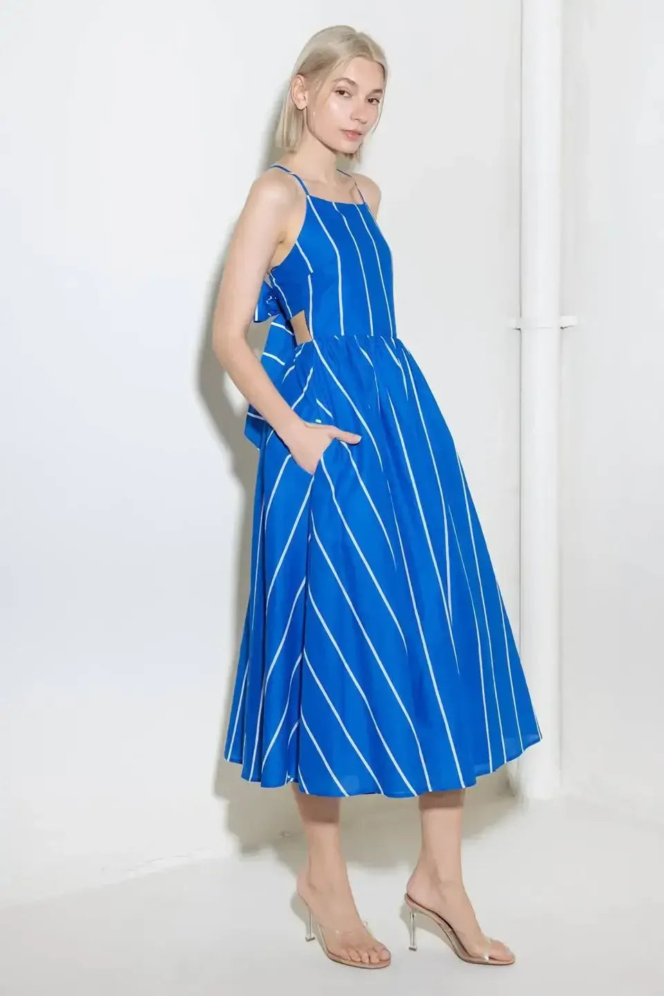 LET THE GOOD IN - BLUE STRIPE - TIE BACK MIDI DRESS