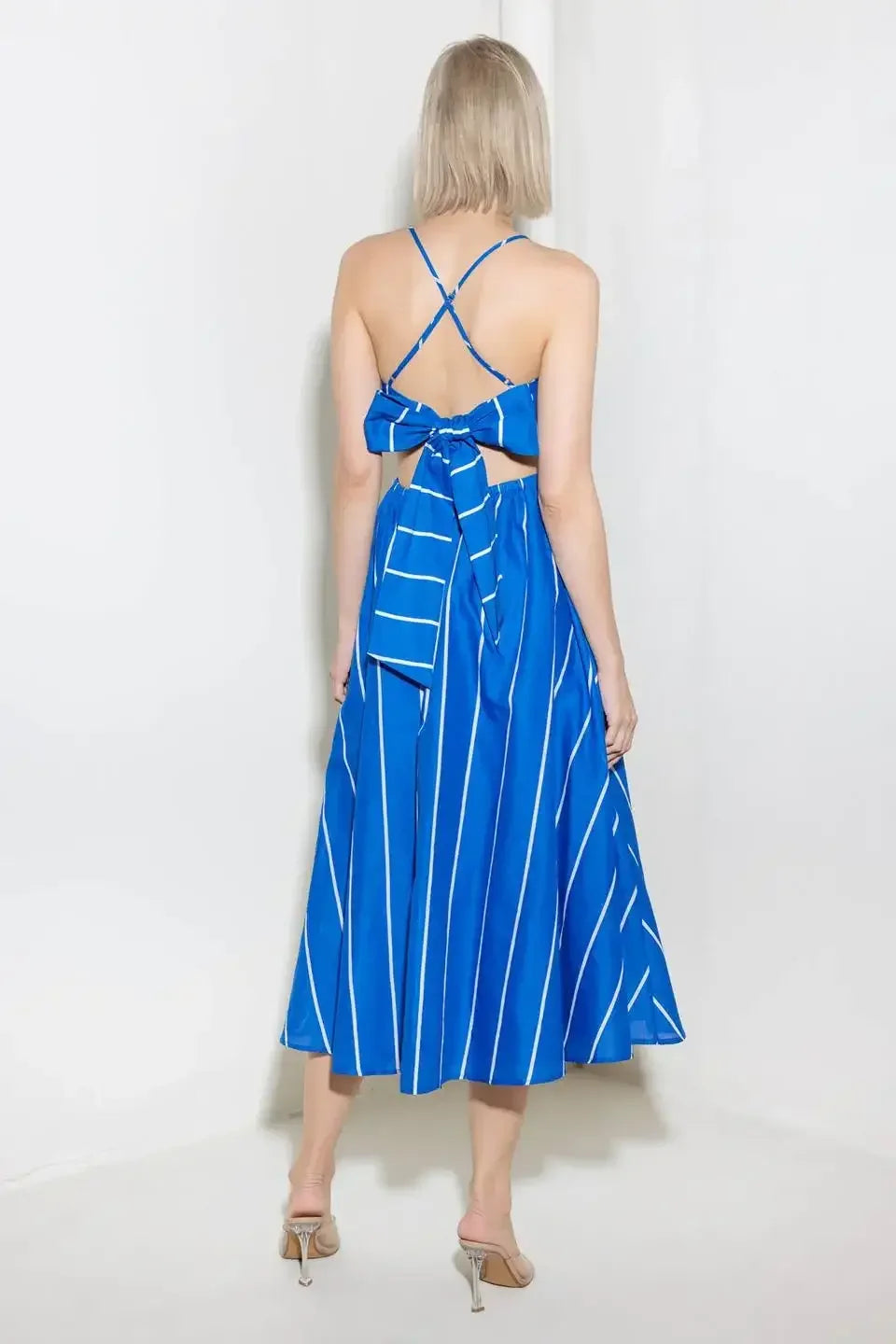 LET THE GOOD IN - BLUE STRIPE - TIE BACK MIDI DRESS