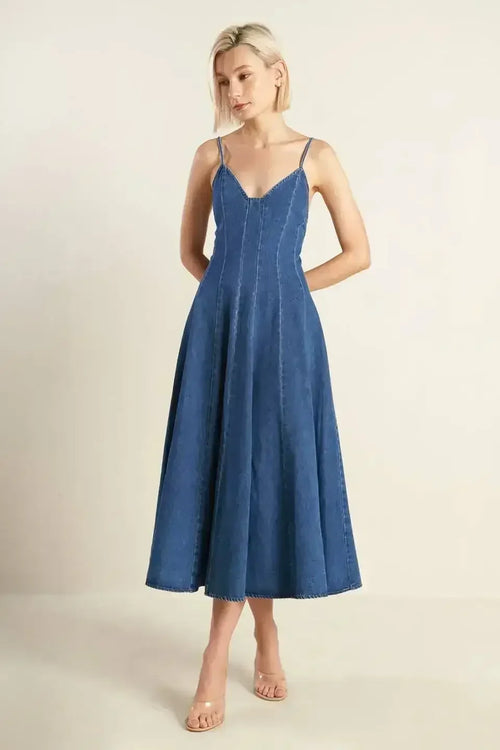 ROSEWOOD ROMANCE DENIM MIDI DRESS
