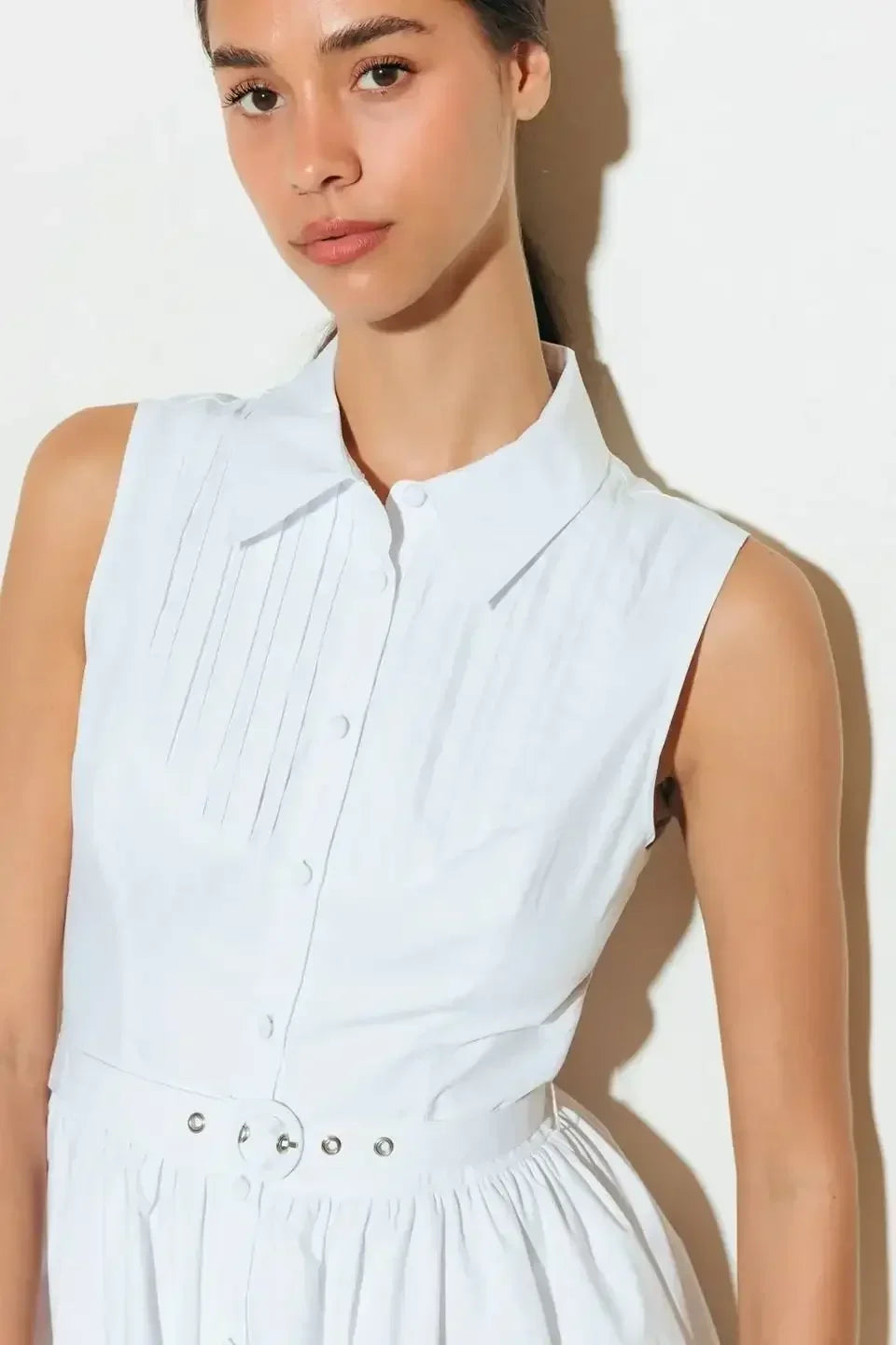 NORTH EAST MIDI - White Cotton Pintuck Midi Shirt Dress