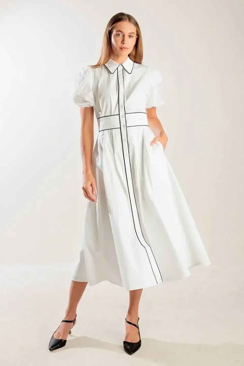 VINTAGE VIBES PUFF SLEEVE MIDI DRESS - WHITE