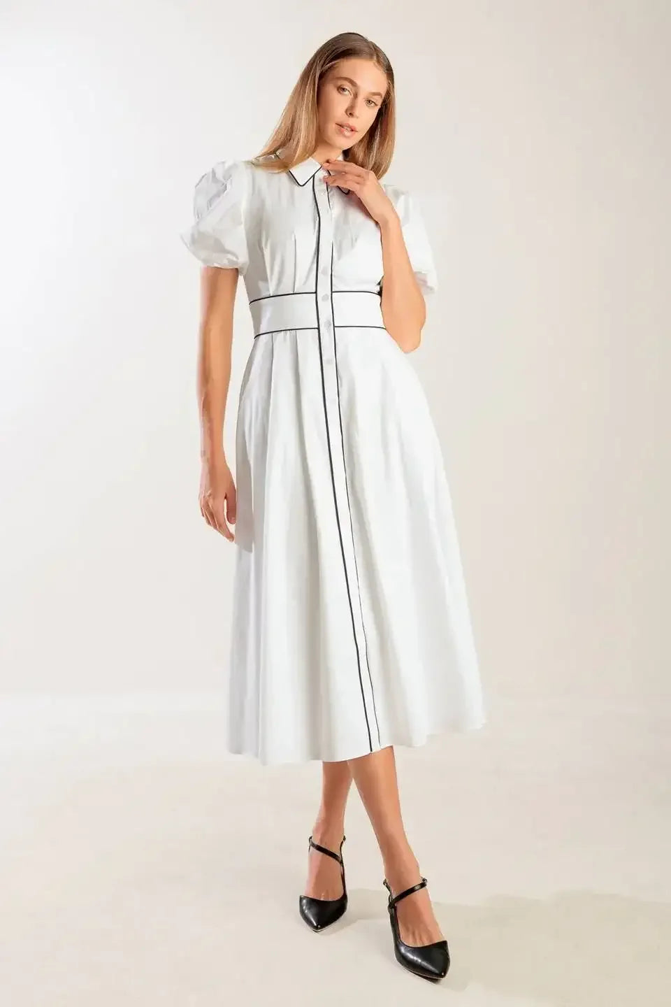VINTAGE VIBES PUFF SLEEVE MIDI DRESS - WHITE