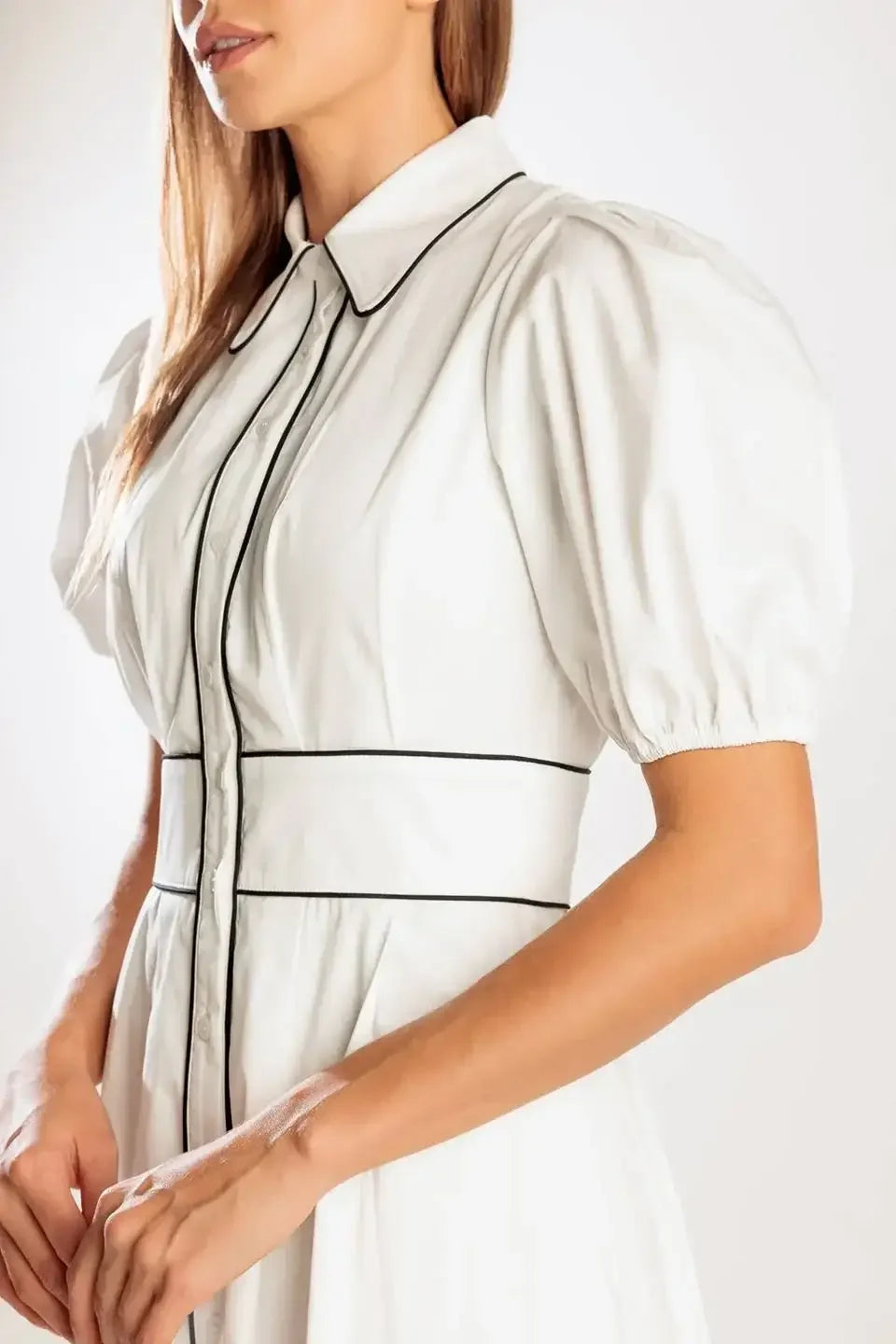 VINTAGE VIBES PUFF SLEEVE MIDI DRESS - WHITE