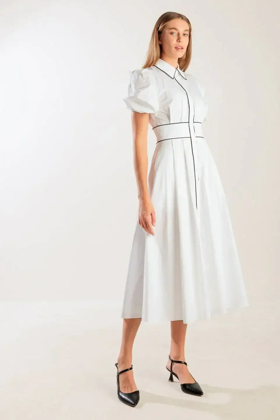 VINTAGE VIBES PUFF SLEEVE MIDI DRESS - WHITE