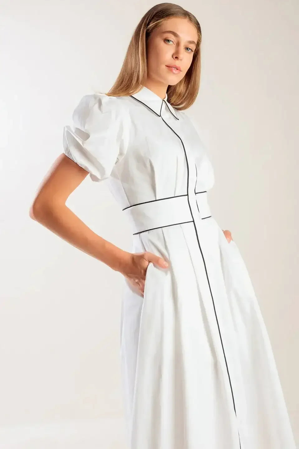 VINTAGE VIBES PUFF SLEEVE MIDI DRESS - WHITE