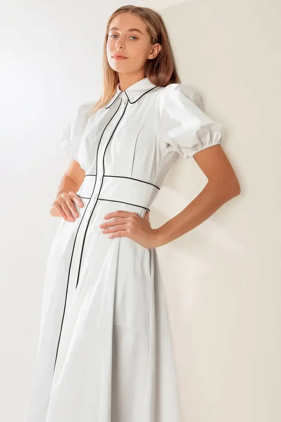 VINTAGE VIBES PUFF SLEEVE MIDI DRESS - WHITE