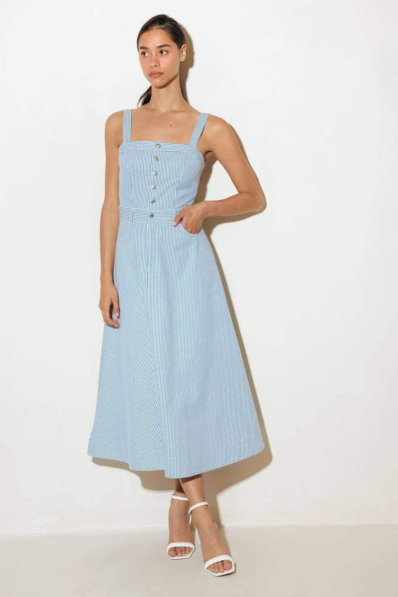 CAREFREE DAYS - BLUE PINSTRIPE MIDI DRESS
