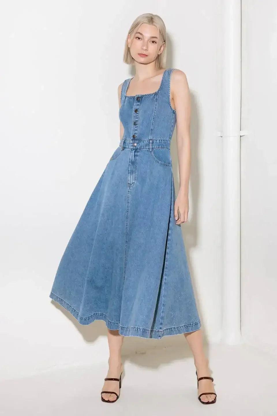SOFTLY ROMANTIC - SQUARE NECKLINE DENIM MIDI DRESS