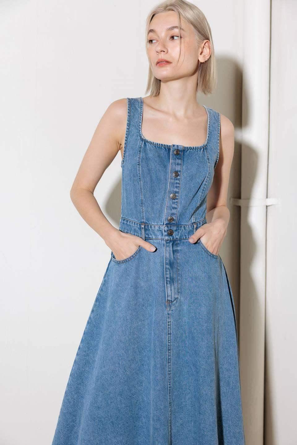 SOFTLY ROMANTIC - SQUARE NECKLINE DENIM MIDI DRESS