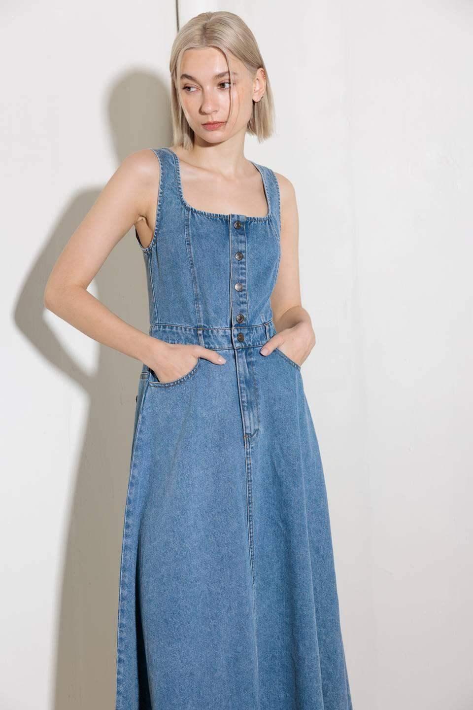 SOFTLY ROMANTIC - SQUARE NECKLINE DENIM MIDI DRESS