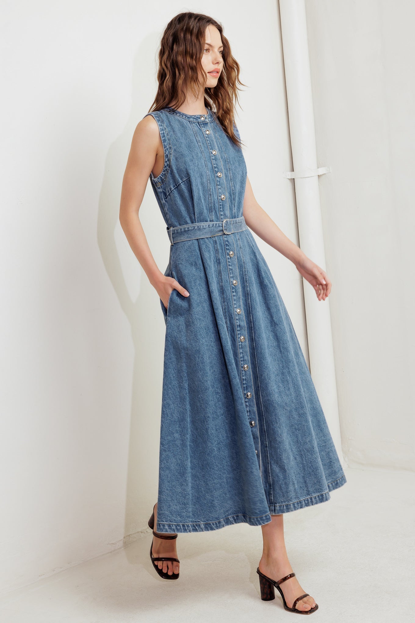 midi denim dresses for women Small Medium Large Size 4-12 Button Up A-Line Blue inspired detailing with everyday wearability denim dresses for women sold