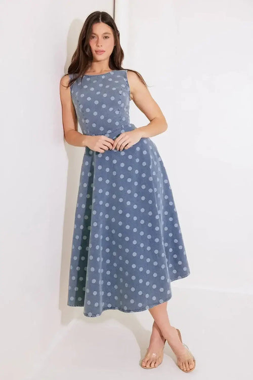 TOO SWEET - POLKA DOT DENIM MIDI DRESS