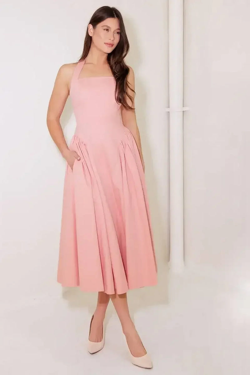 CAUGHT IN THE RAIN HALTER MIDI DRESS - SOFT PINK