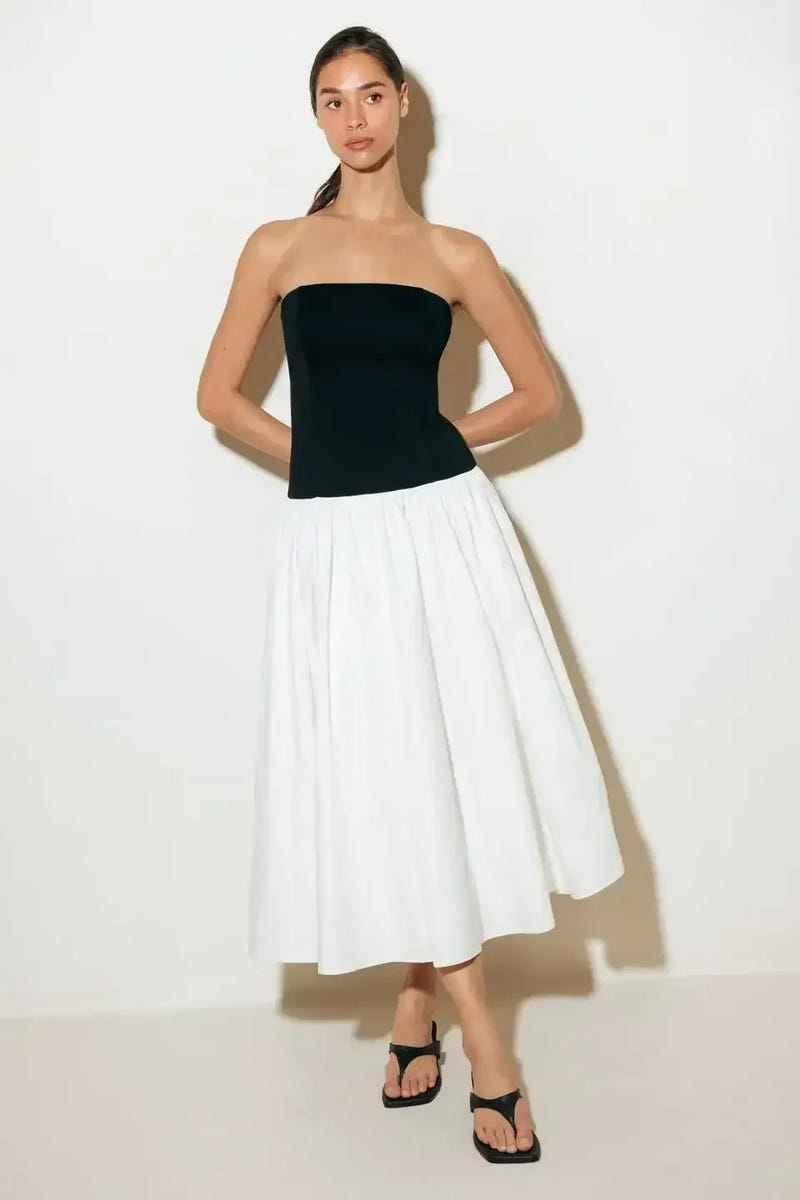 SHIFT STUDIO BLACK & WHITE STRAPLESS MIDI DRESS