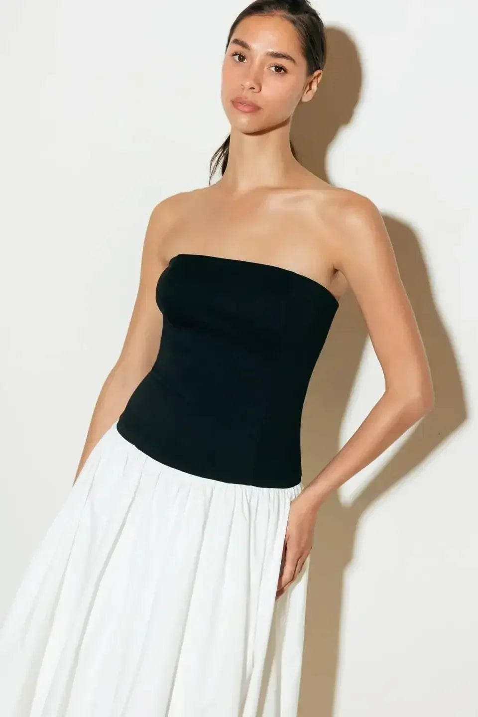 SHIFT STUDIO BLACK & WHITE STRAPLESS MIDI DRESS