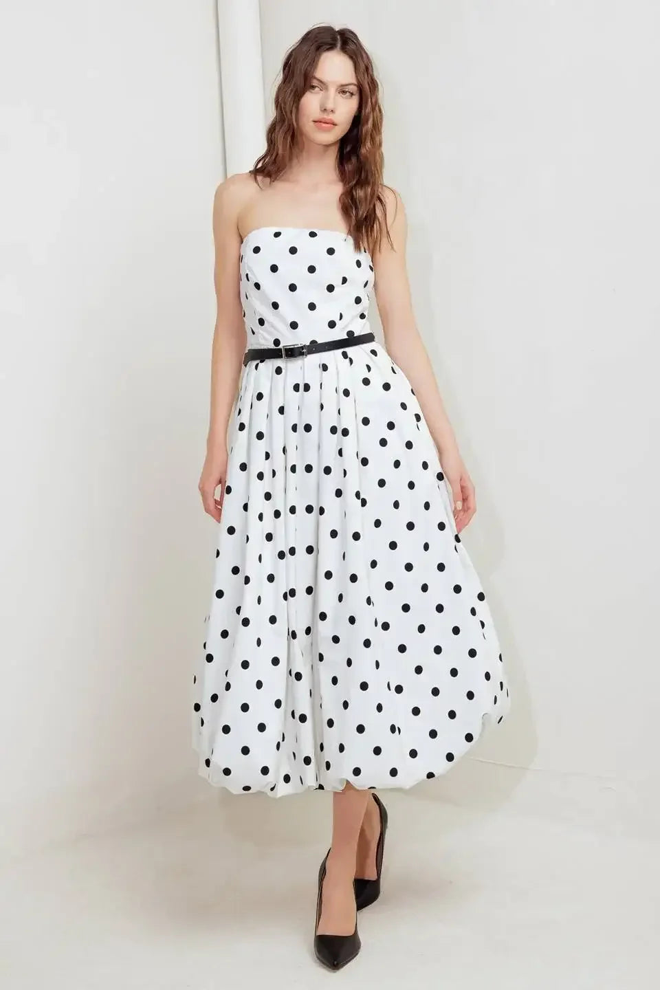 WHITE & BLACK POLKA DOT BUBBLE HEM MIDI DRESS