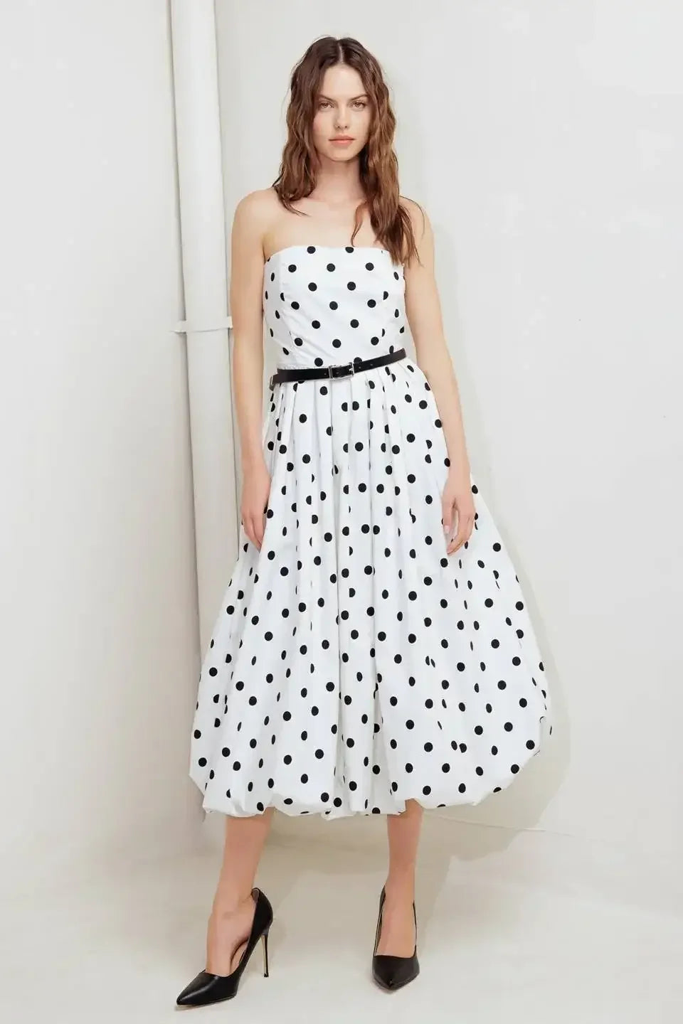WHITE & BLACK POLKA DOT BUBBLE HEM MIDI DRESS
