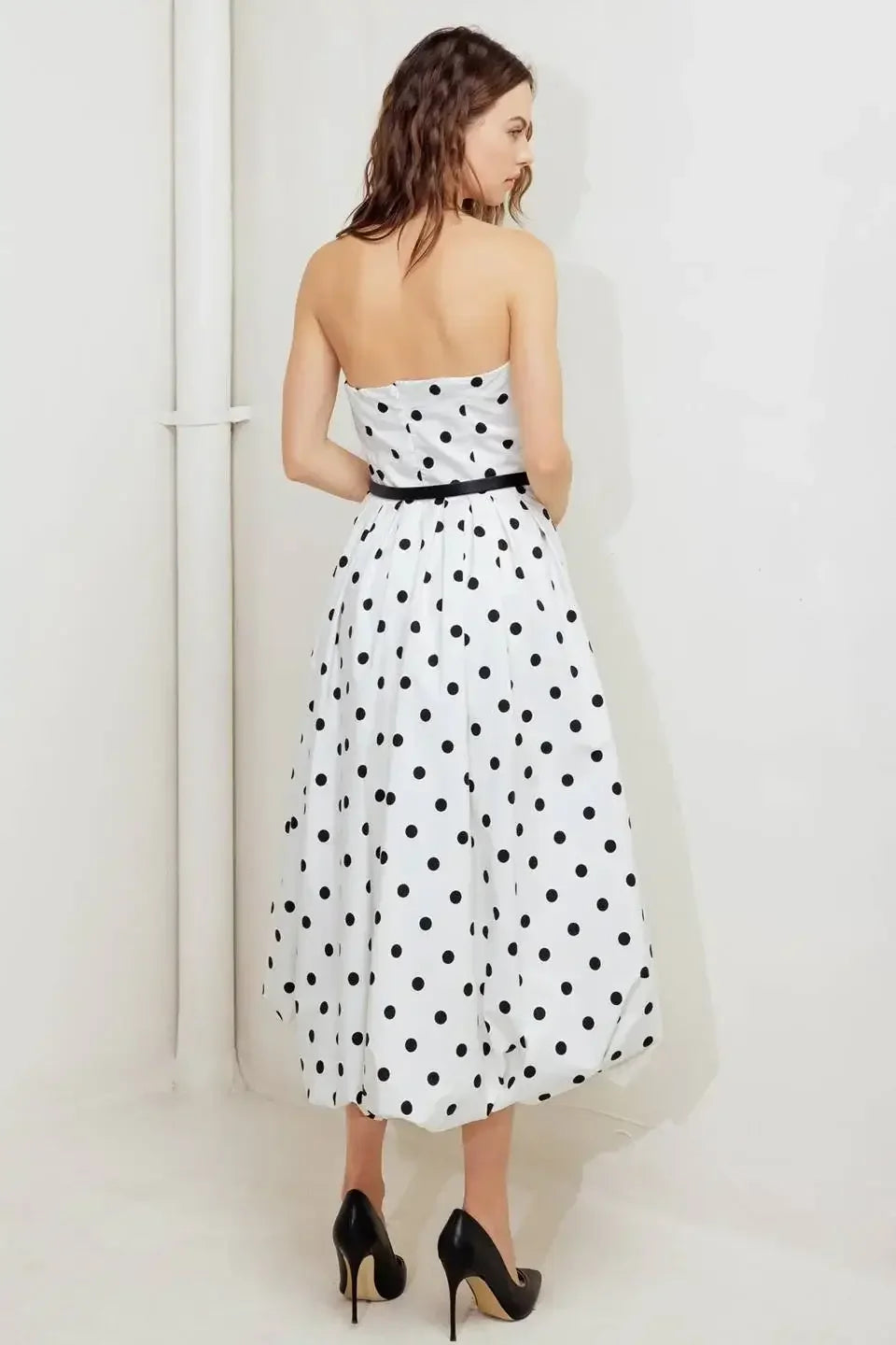 WHITE & BLACK POLKA DOT BUBBLE HEM MIDI DRESS