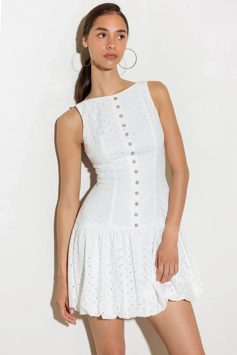 AT FIRST GLANCE WHITE EYELET MINI DRESS