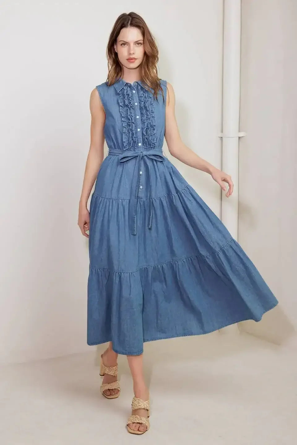 SUNDRENCHED RUFFLE DENIM MIDI DRESS