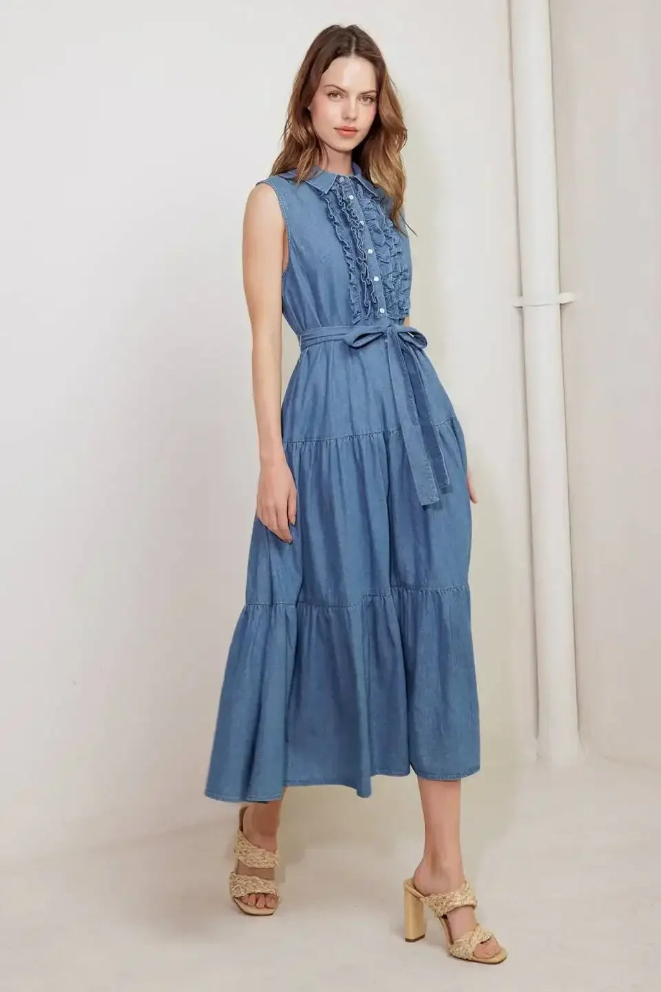 SUNDRENCHED RUFFLE DENIM MIDI DRESS