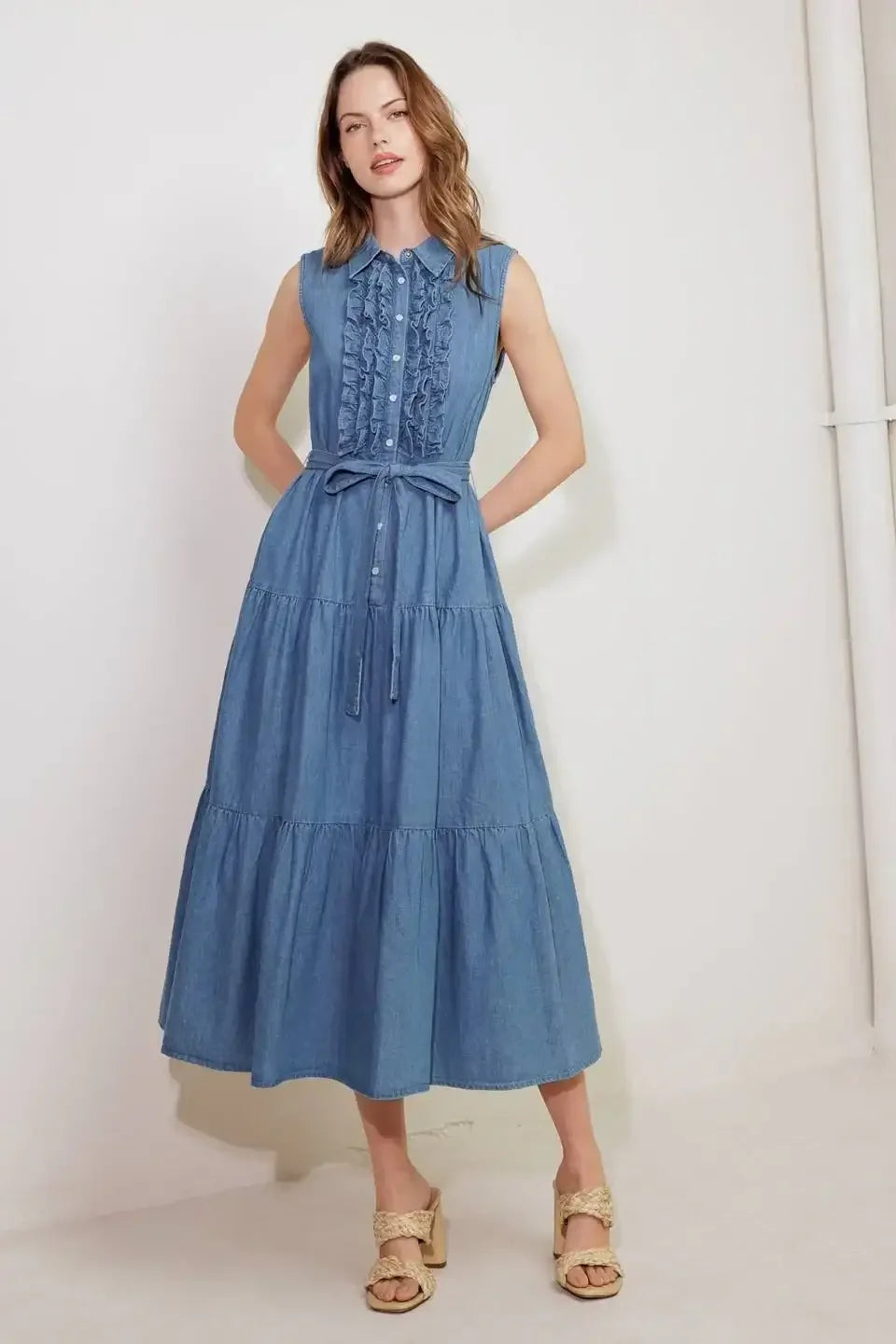 SUNDRENCHED RUFFLE DENIM MIDI DRESS