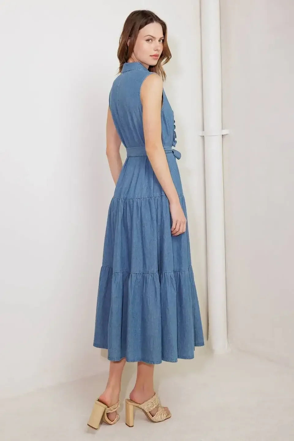 SUNDRENCHED RUFFLE DENIM MIDI DRESS