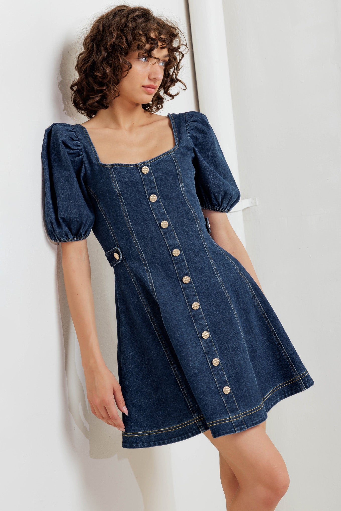 denim mini dress puff sleeve Dark Denim Puff Sleeve Babydoll Dress - Mini