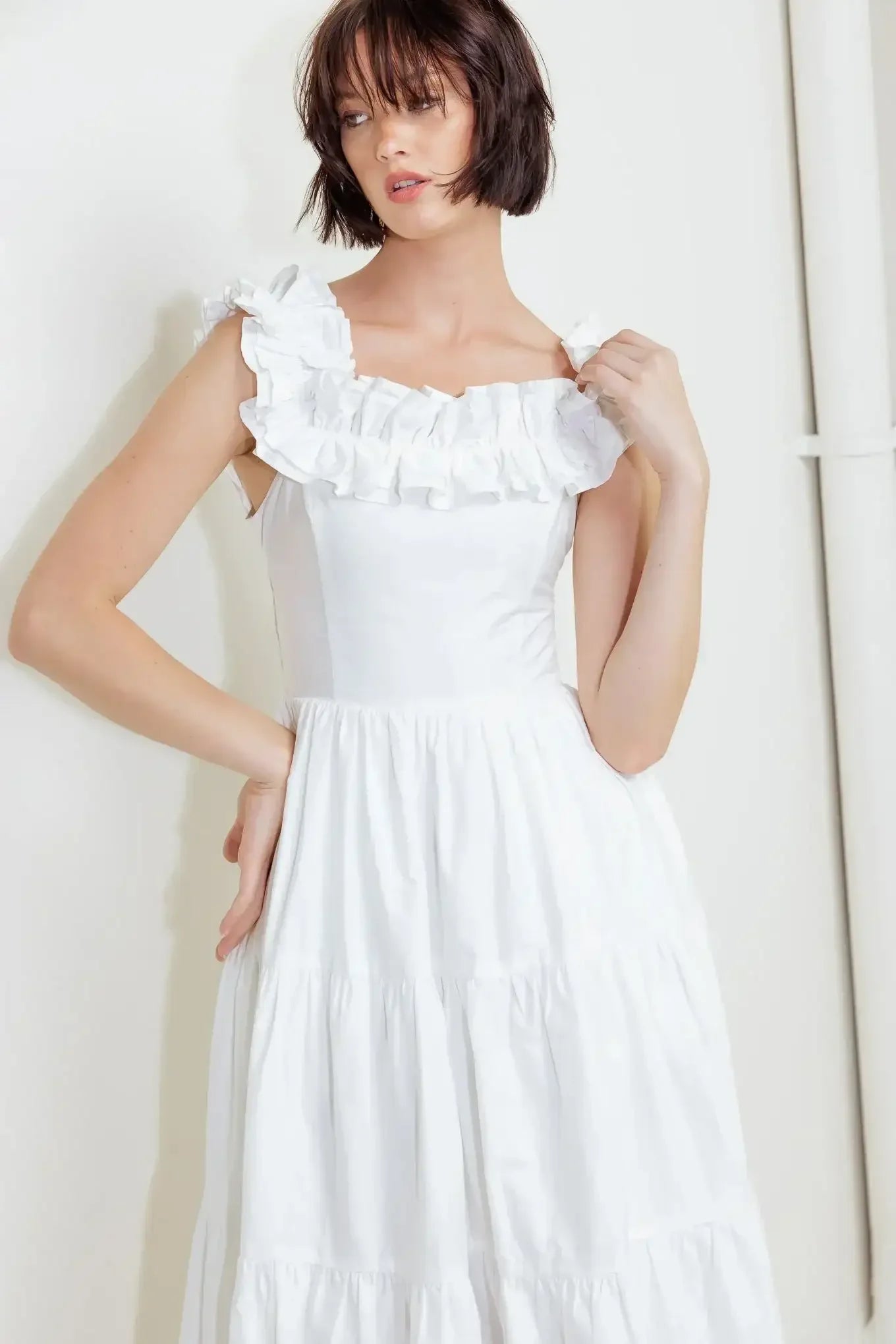 ROMA RUFFLED MIDI DRESS - WHITE