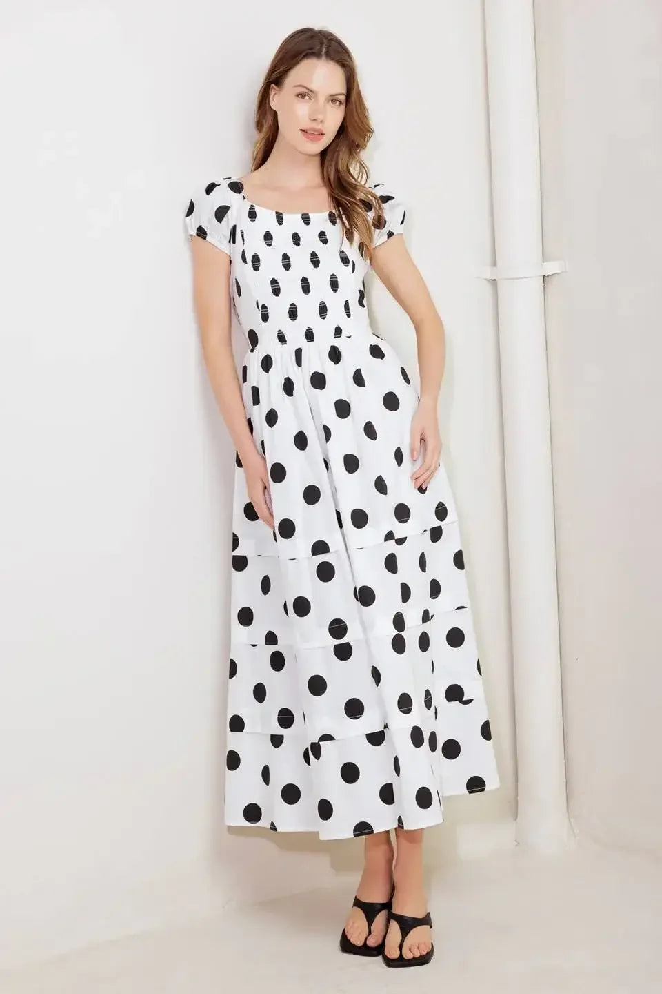 SHORT SLEEVE WHITE & BLACK POLKA DOT MIDI DRESS