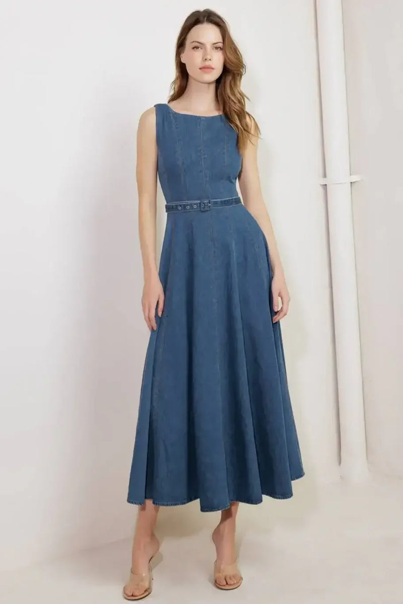 LETTIE DENIM MIDI DRESS - Washed Denim Midi Dress with Boat Neckline