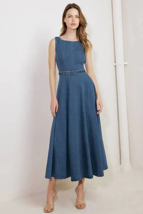 LETTIE DENIM MIDI DRESS - Washed Denim Midi Dress with Boat Neckline