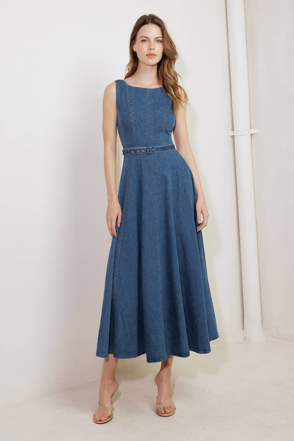 LETTIE DENIM MIDI DRESS - Washed Denim Midi Dress with Boat Neckline