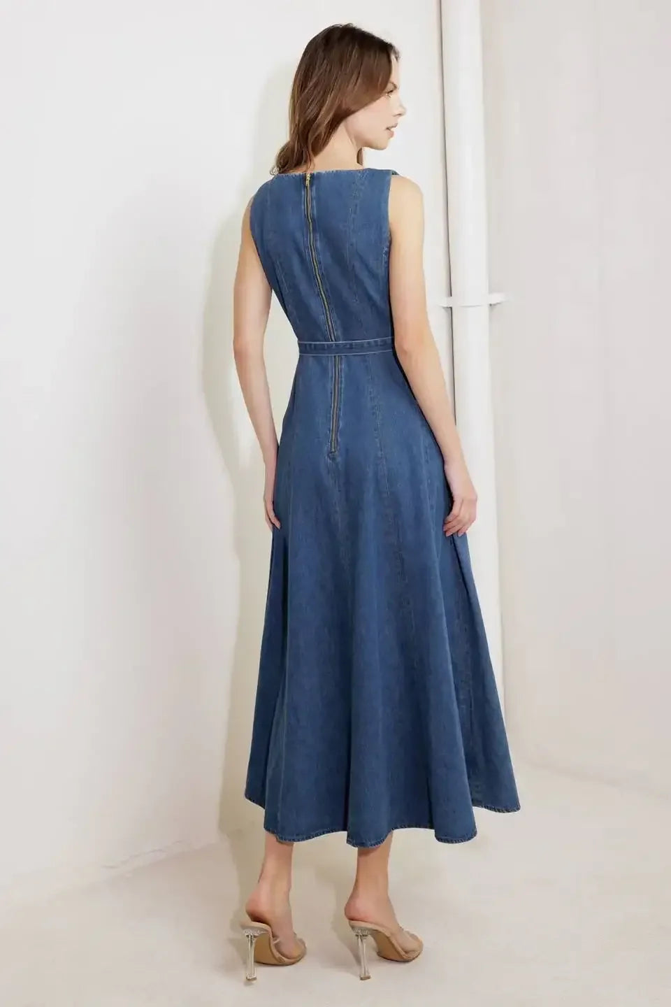 LETTIE DENIM MIDI DRESS - Washed Denim Midi Dress with Boat Neckline