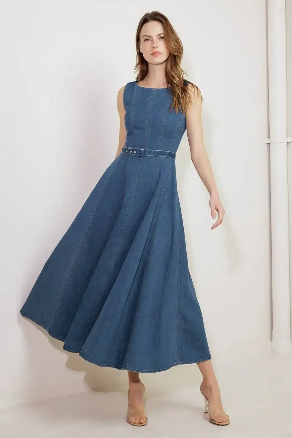 LETTIE DENIM MIDI DRESS - Washed Denim Midi Dress with Boat Neckline