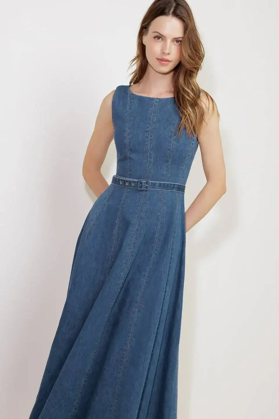 LETTIE DENIM MIDI DRESS - Washed Denim Midi Dress with Boat Neckline