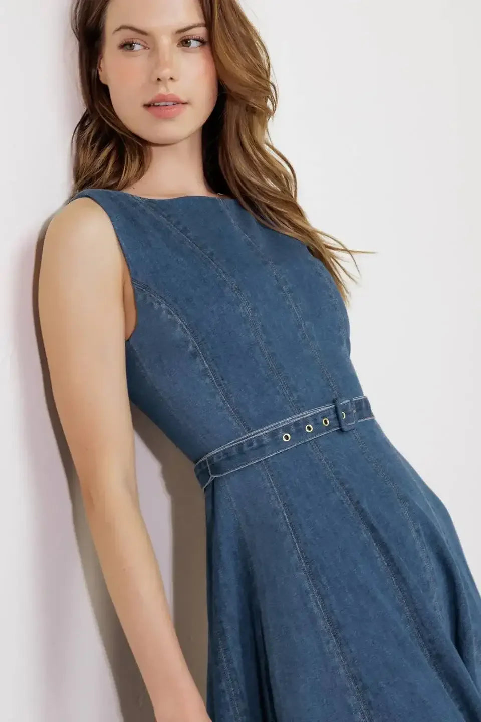 LETTIE DENIM MIDI DRESS - Washed Denim Midi Dress with Boat Neckline