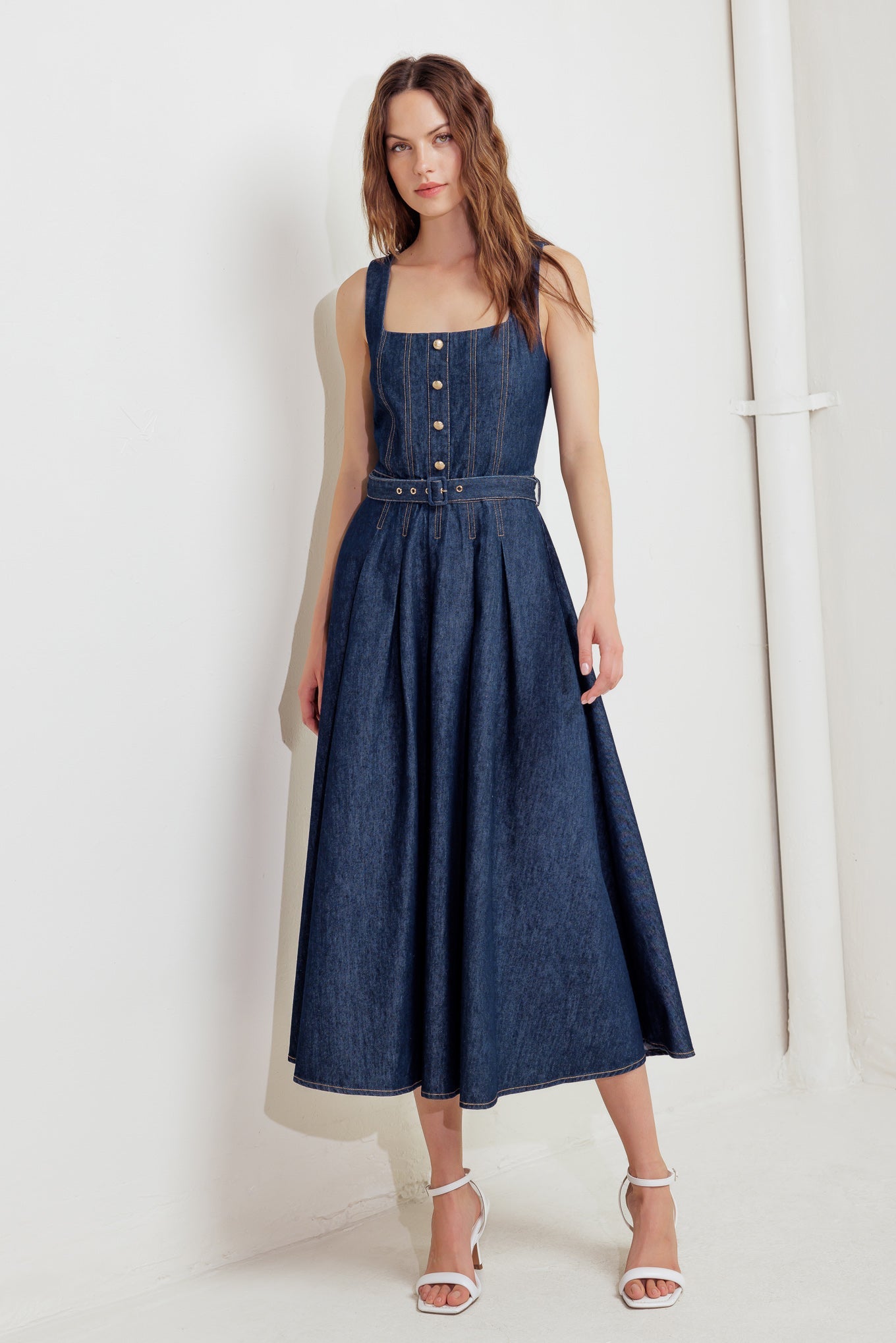 denim evening dress Chic Modest Cotton Halter Tie-Dye Maxi adjustable straps Drop waist Smocked band at back Boho Chic Stagecoach Denim Maxi