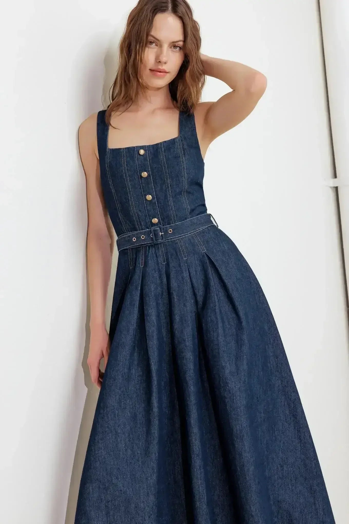 MOONLIGHT SERENADE DARK DENIM MIDI DRESS - FINAL SALE