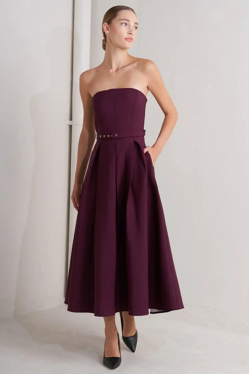 OPERA WINE BURGUNDY MIDI DRESS WITH POCKETS