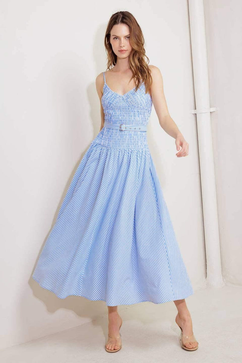 JOURNI STRIPED MIDI DRESS - BLUE & WHITE